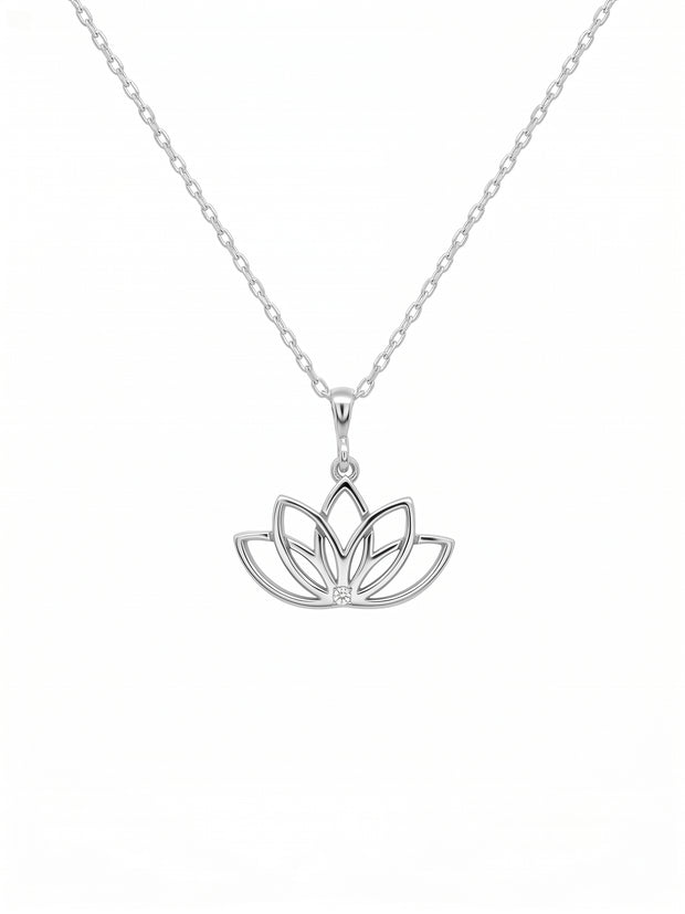 Pırlantalı Gümüş Lotus Çiçeği Kolye